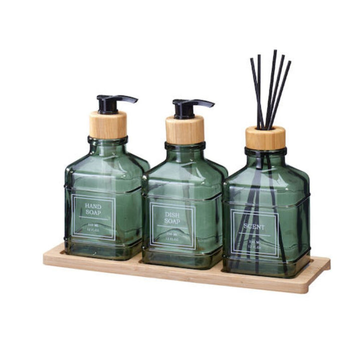 Seifenspender-Set aus Glas 4-teilig - verschiedene Farben