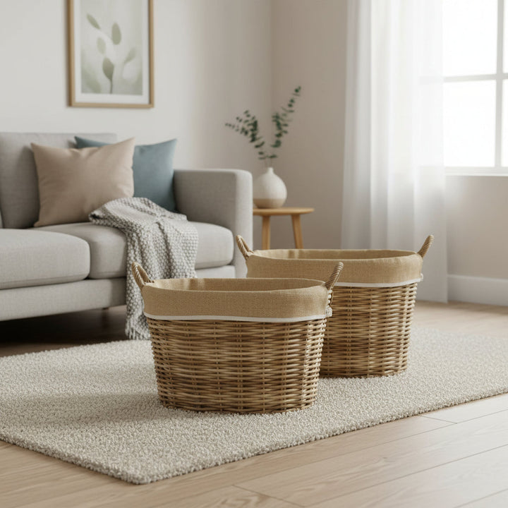 Set van 2 manden van gevlochten wilgentenen - met handvat en linnen - naturelkleurig 60x46x35 53x39x30