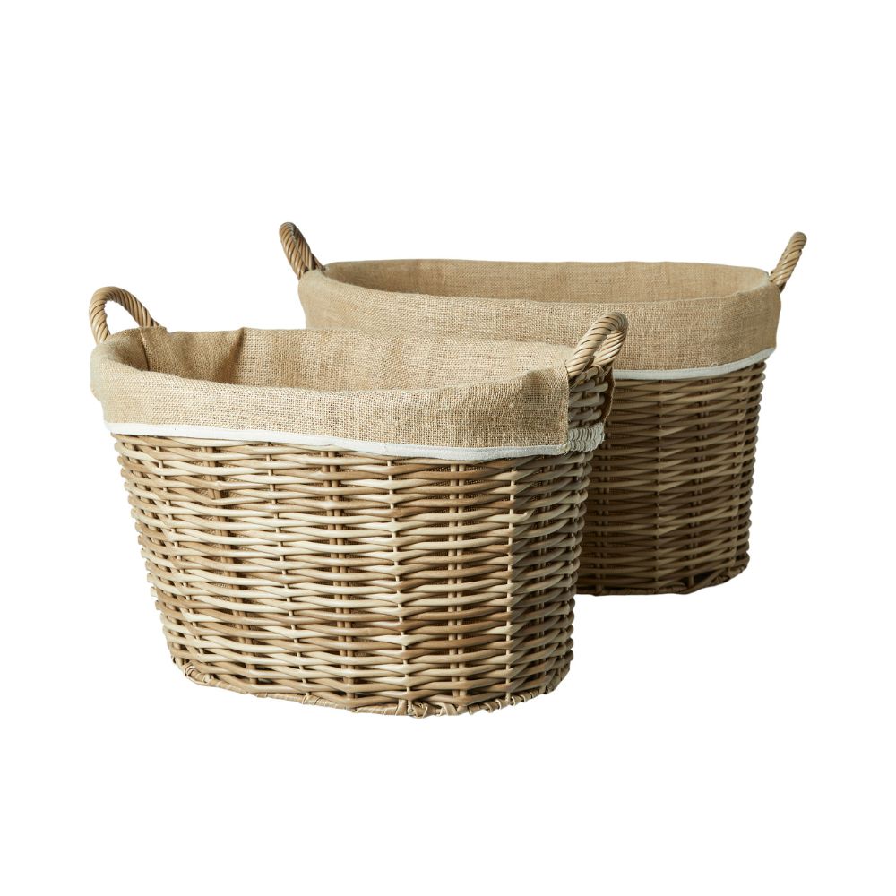 Set van 2 manden van gevlochten wilgentenen - met handvat en linnen - naturelkleurig 60x46x35 53x39x30