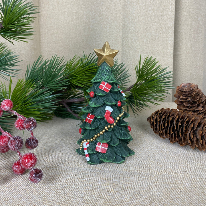 Weihnachtsbaum mit Schmuck, 15 cm, Polyresin, dunkelgrün