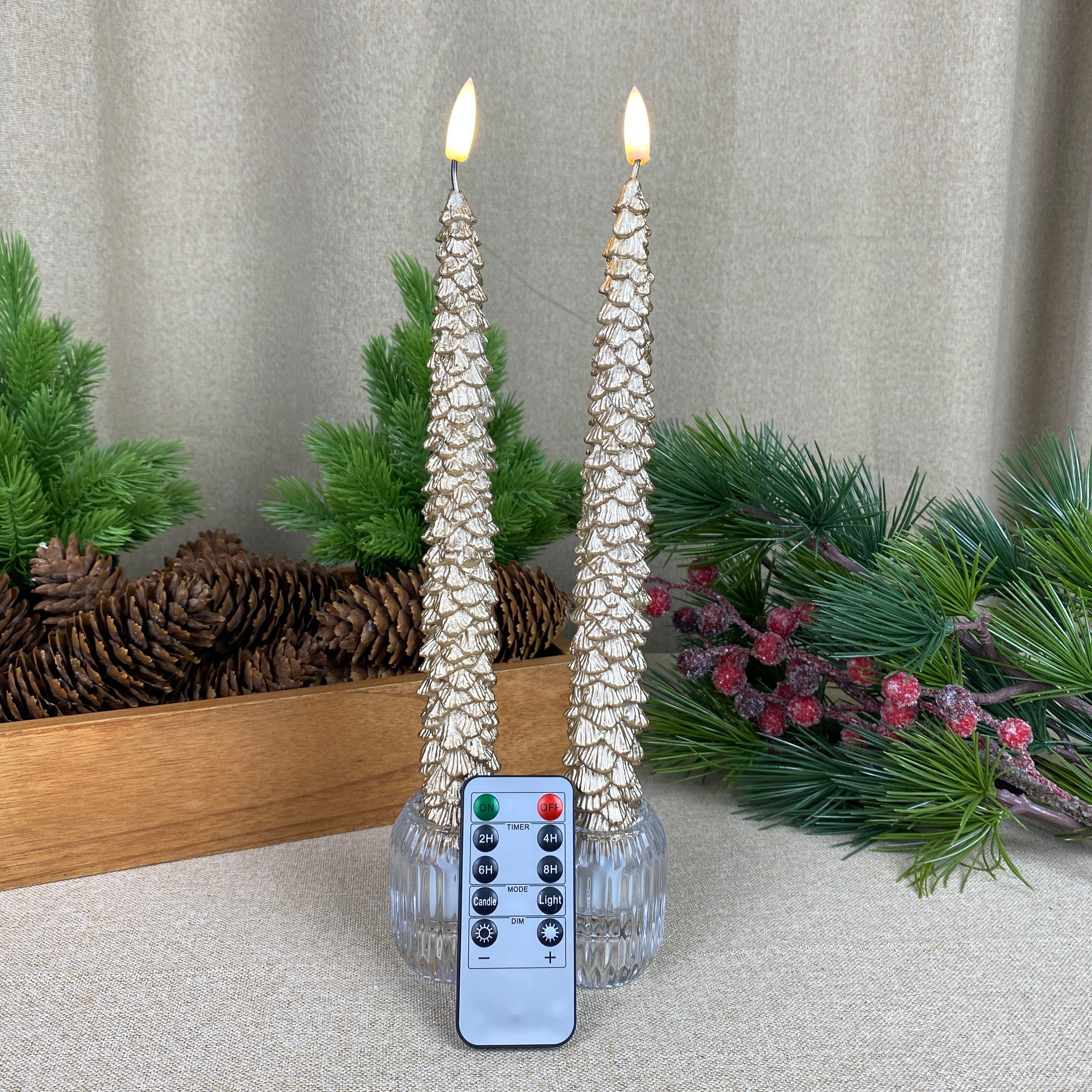 LED-Kerzenlichter - Weihnachtsbaum in Gold, 2 Stück, 25 cm, mit Fernbedienung