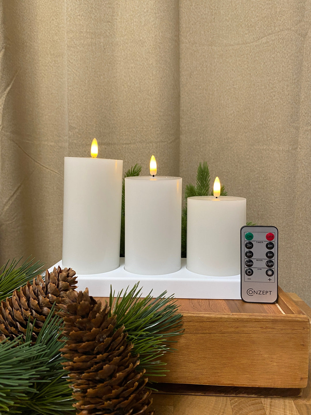 Conzept Electric – Wiederaufladbare LED-Blockleuchten, 3er-Set – 3D-Flamme mit Fernbedienung, Timerfunktion und Ladestation