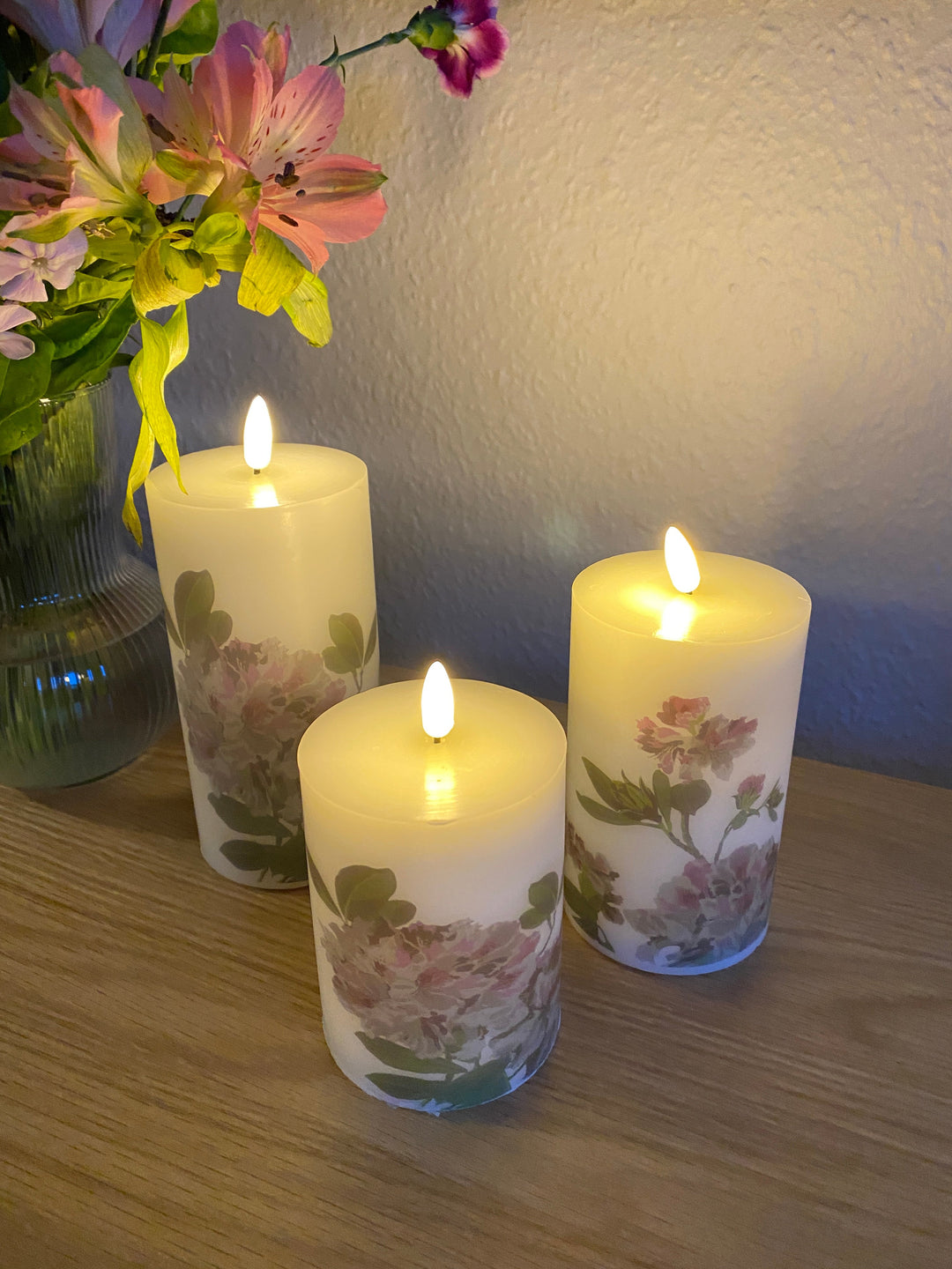LED-Blockleuchten-Set, 3er-Pack – Hortensienmotiv mit Fernbedienung und Timerfunktion