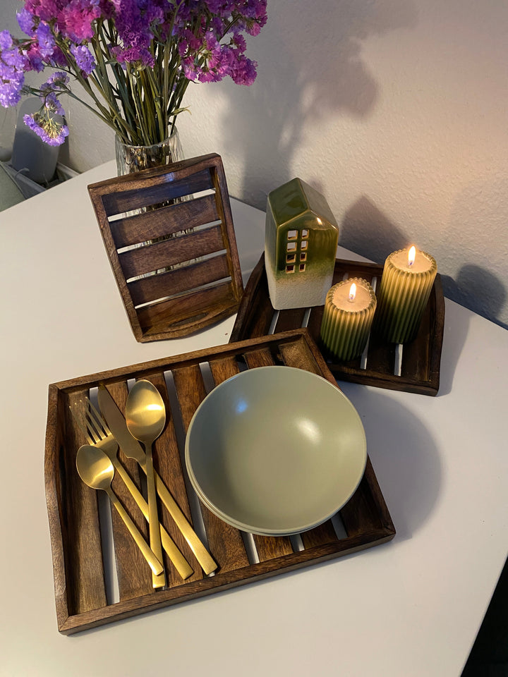 Tablettset, 3-teilig, dunkelbraunes Holz
