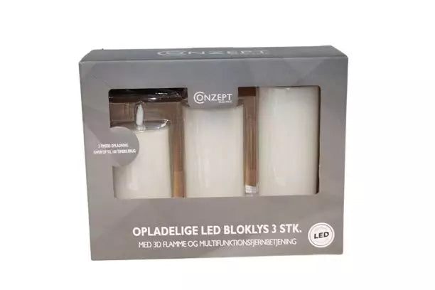 Conzept Electric – Wiederaufladbare LED-Blockleuchten, 3er-Set – 3D-Flamme mit Fernbedienung, Timerfunktion und Ladestation
