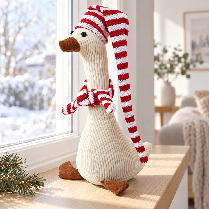 Weihnachtsente mit Streifen 16x9x26/50 cm Samt weiß/rot