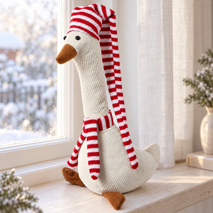 Weihnachtsente mit Streifen 24x12x38/75 cm Samt weiß/rot