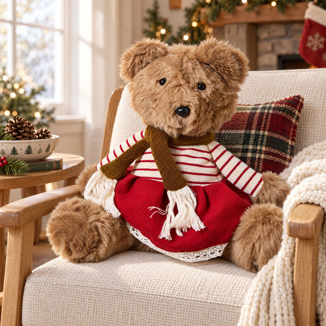 Teddybär mit Strickpullover 17x17x43 natur rot