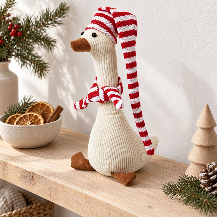 Weihnachtsente mit Streifen 16x9x26/50 cm Samt weiß/rot