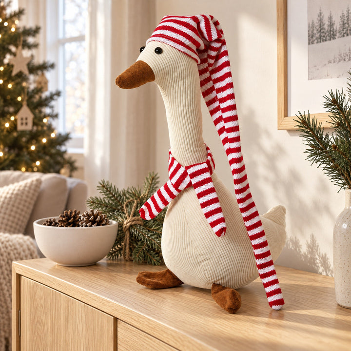 Weihnachtsente mit Streifen 32x15x45/90 cm Samt weiß/rot