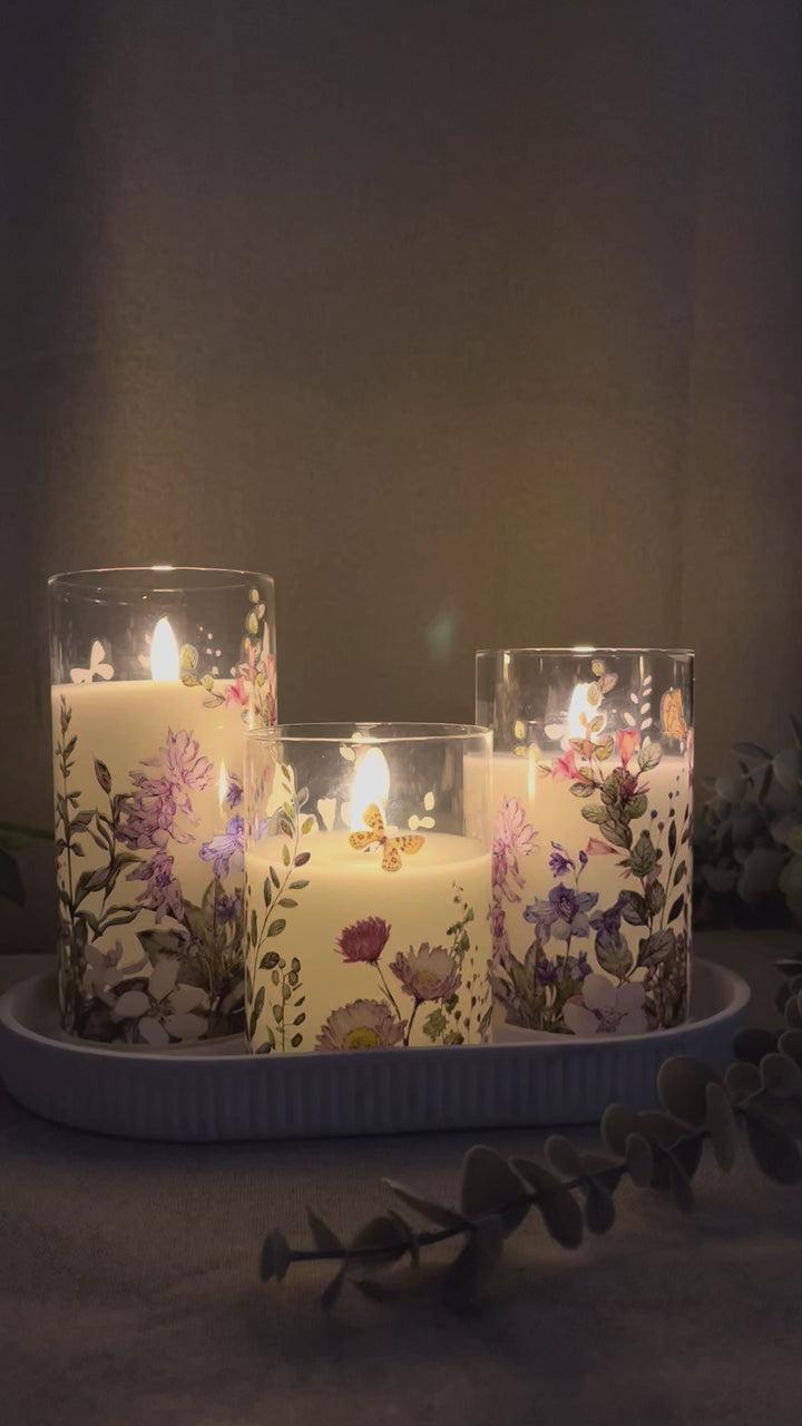 3 LED-Leuchten in zylindrischem Glas – Blumenmotiv und Fernbedienung