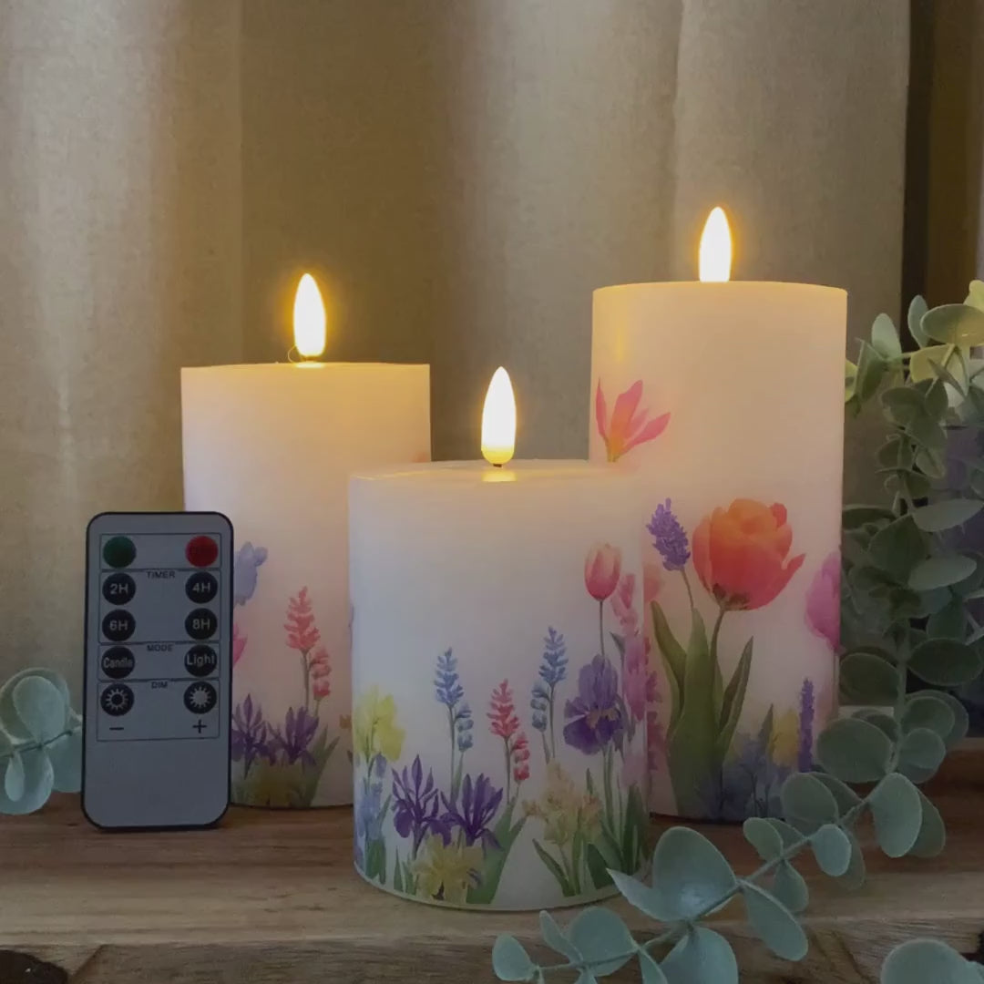 LED-Blockleuchten-Set, 3er-Pack – Blumenmotiv – mit Fernbedienung und Timerfunktion