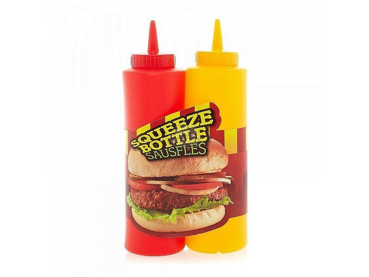 2 Flaschen mit Dressing, rot und gelb
