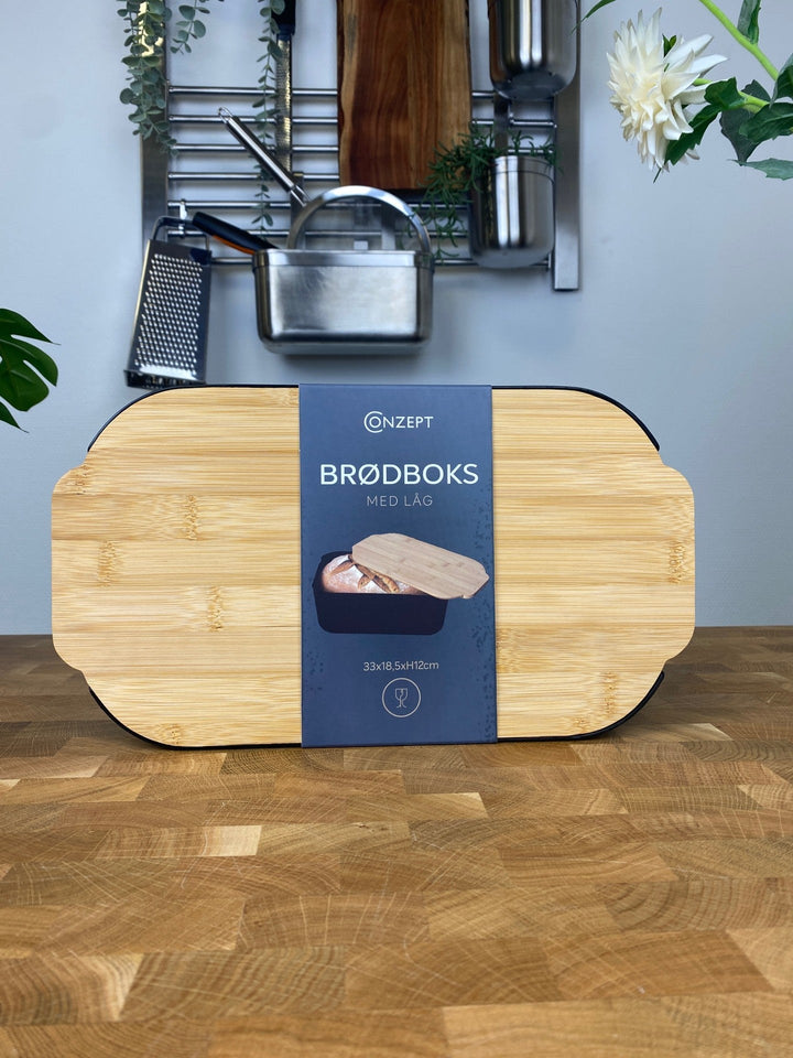 Conzept Brotkasten aus schwarzem Kunststoff mit Bambusdeckel, 33 x 18,5 x 12 cm / 4,5 l
