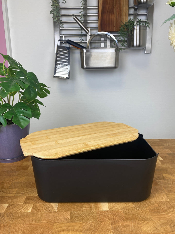 Conzept Brotkasten aus schwarzem Kunststoff mit Bambusdeckel, 33 x 18,5 x 12 cm / 4,5 l