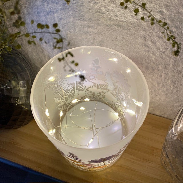 Zylinderglas mit 10 LED-Strängen – floral lila/rosa