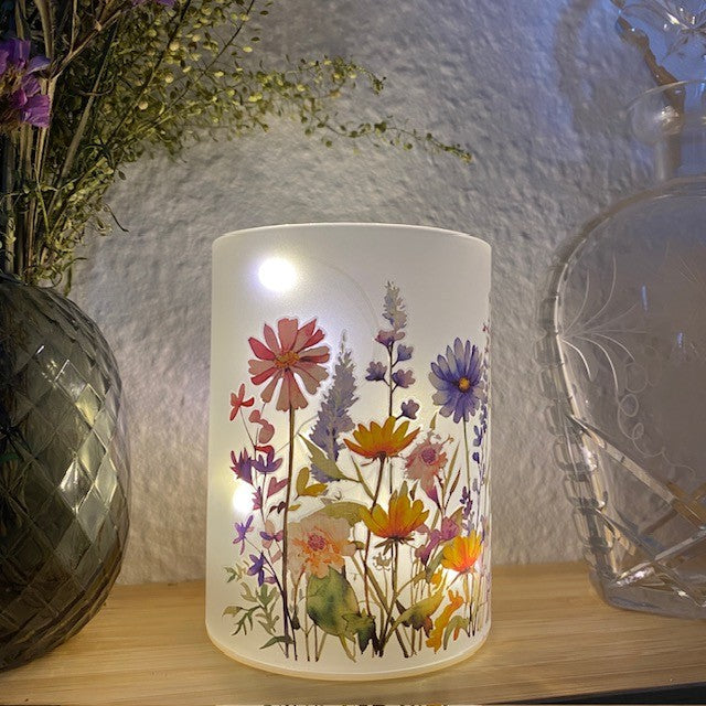 Zylinderglas mit 10 LED-Strängen – floral lila/rosa