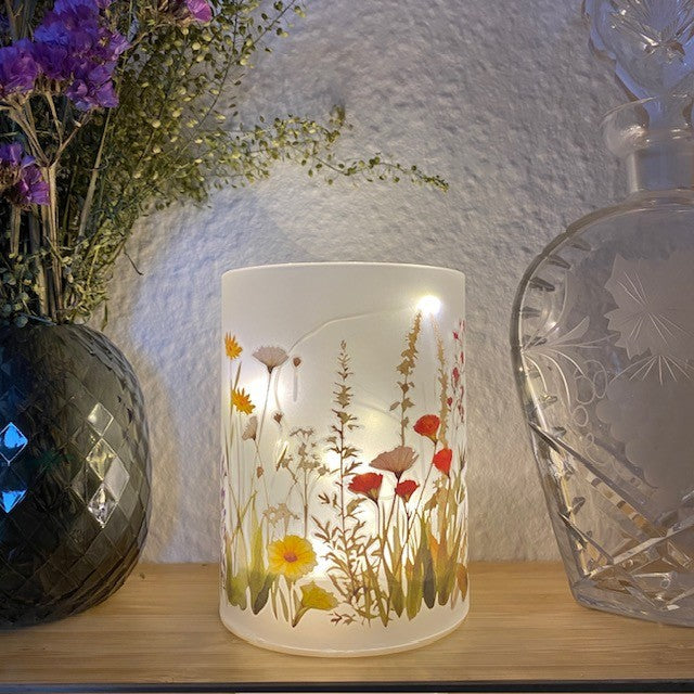 Zylinderglas mit 10 LEDs, Kabel Ø 9 x 12, floral rot/gelb/weiß