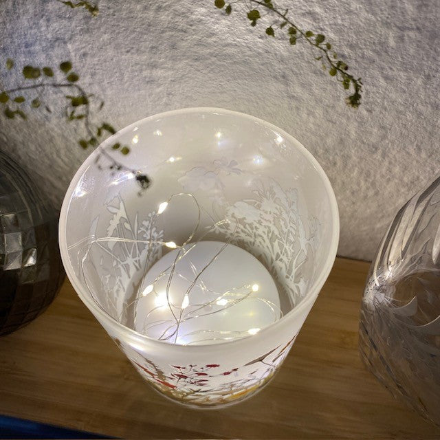 Zylinderglas mit 10 LEDs, Kabel Ø 9 x 12, floral rot/gelb/weiß