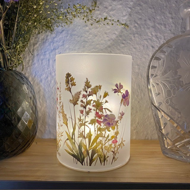 Zylinderglas mit 10 LEDs, Kabel Ø 9 x 12, floral rot/gelb/weiß